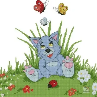 Вышивка Котенок и бабочки