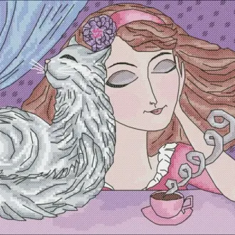 Вышивка Девушка с кошкой
