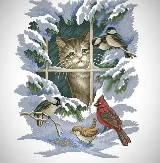 Вышивка Кот в зимнем окошке
