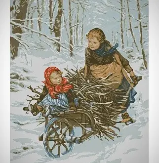 Вышивка Дети везут хворост