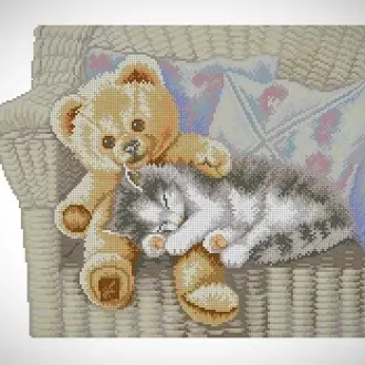 Вышивка Котик спит на игрушечном медведе