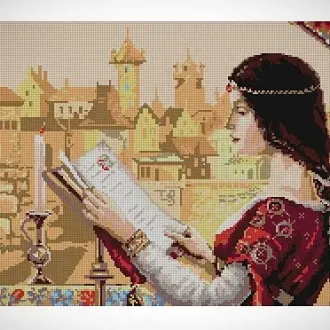 Вышивка Девушка читает книгу на фоне города