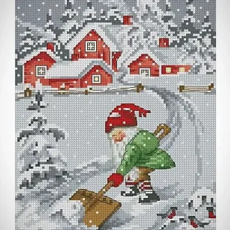 Вышивка Гном чистит снег