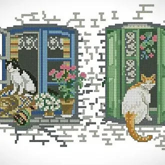 Вышивка Кошки на окошке