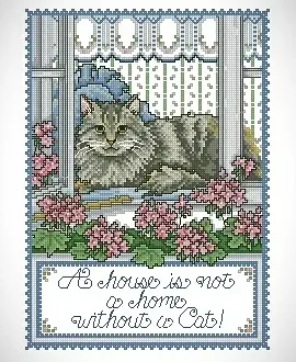 Вышивка  Кот на подоконнике
