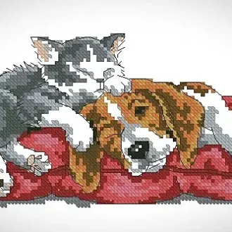 Вышивка Собака и котенок