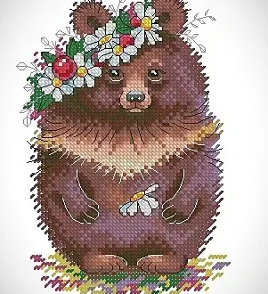 Вышивка Мишка в цветочном венке
