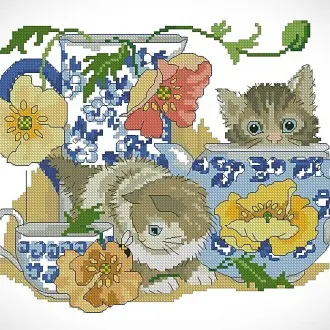 Вышивка Котята в чайных кружках