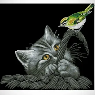 Вышивка Котенок с птицой