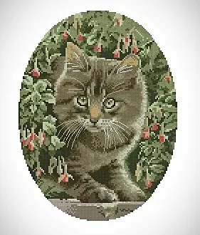 Вышивка Котенок в цветах
