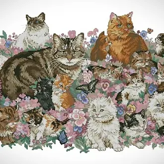 Вышивка Коты в цветах