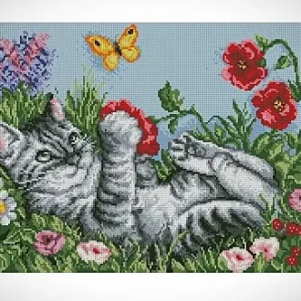 Вышивка Котенок играет с цветами