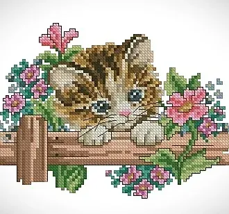 Вышивка Котенок в цветах