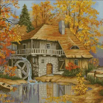 Вышивка Осеняя водяная мельница