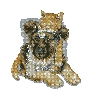 Вышивка Щенок и кот друзья