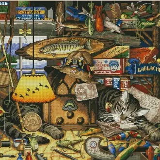 Вышивка Спящий кот и рыболовные снасти