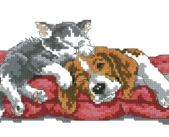 Вышивка Спящий щенок и котенок
