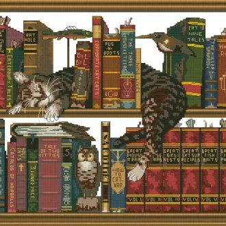 Вышивка Спящий кот на книжной полке