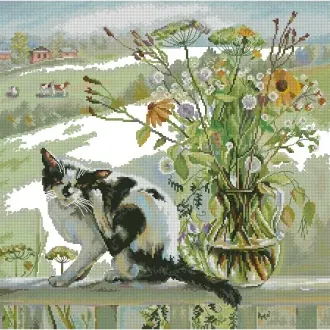 Вышивка Котик у вазы