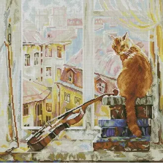 Вышивка Рыжий кот на окне