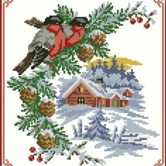 Вышивка Снегири на ели