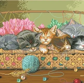 Вышивка Спящие котята в корзине