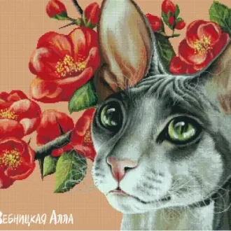 Вышивка Кошка среди цветов