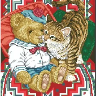 Вышивка Кот и игрушечный медведь
