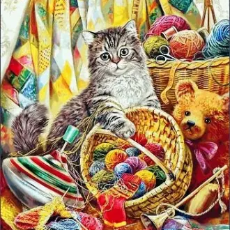 Вышивка Котик и корзина пряжи
