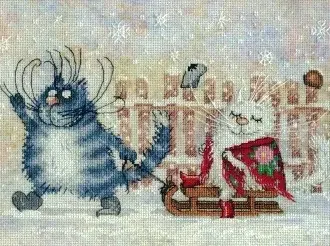 Вышивка  Кот катает кошечку на санках