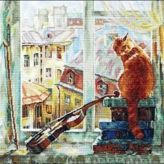 Вышивка Рыжий кот у окна