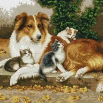Вышивка Собака и котята