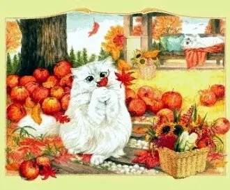 Вышивка Белый кот и яблоки