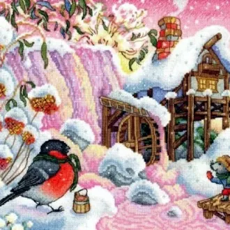 Вышивка  Водяная мельница зимой
