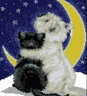 Вышивка Собака и кот смотрят на луну