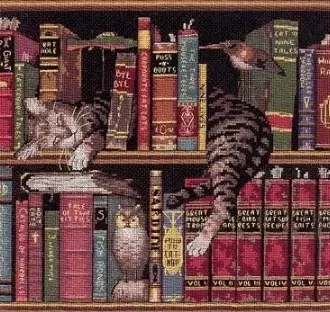 Вышивка Спящий кот на книжной полке