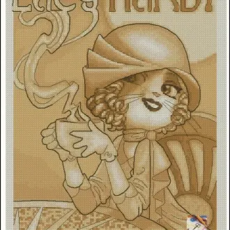 Вышивка  Кошечка пьет кофе
