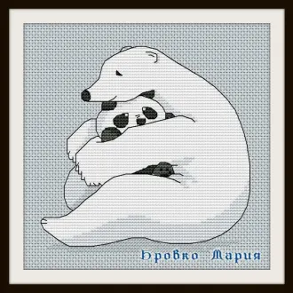 Вышивка белый мишка обнимает панду
