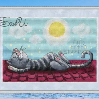 Вышивка Кот загорает на крыши