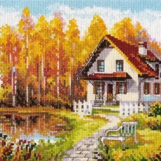 Вышивка Дом в осеннем лесу