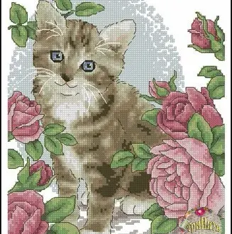 Вышивка Котенок в цветах